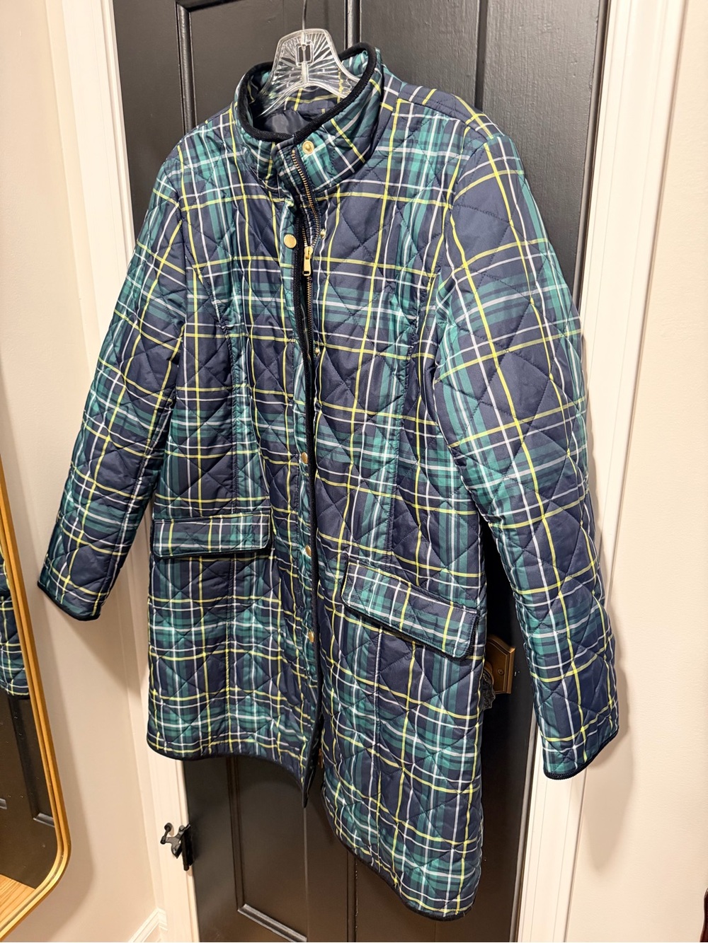 Talbots Quilted Plaid Puffer Jacket in Navy, Green & Yellow